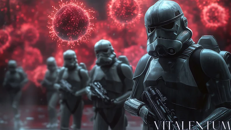 Armored sci‑fi soldiers confront macro viral structures in depth