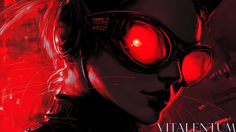 Cyberpunk woman with red glowing visor in intense light.