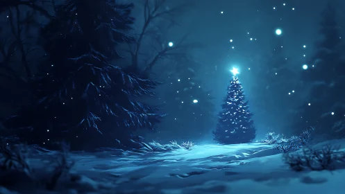 Luminous Christmas tree illuminates a snowy nocturnal forest scene
