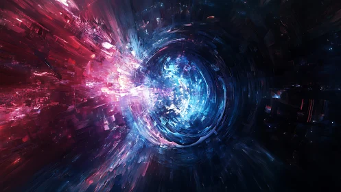 Vortex of fractured light within cosmic digital tunnel.