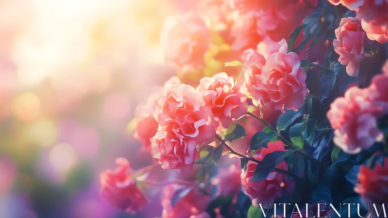 Backlit pink roses rendered in luminous photorealistic detail