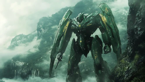 Emerald bipedal combat mecha in misty karst mountain pass