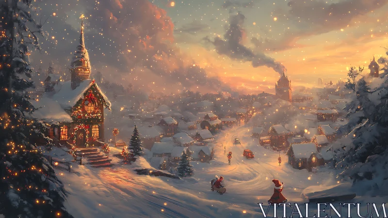 Snowy Christmas village street under warm sunset glow.