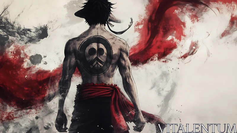 Back view warrior with skull tattoo in red ink storm.