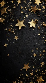 Gold glitter stars scattered on textured black background.
