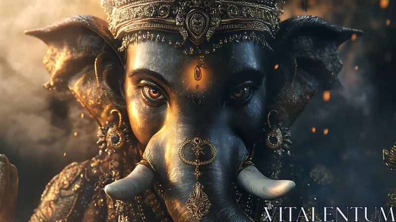 Divine elephant deity portrait glows in cinematic golden light