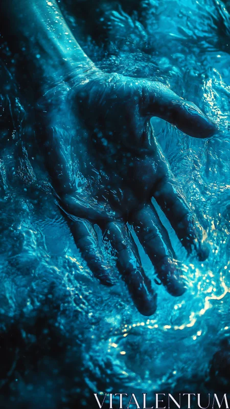 Submerged human hand in cyan-tinted turbulent aquatic field.