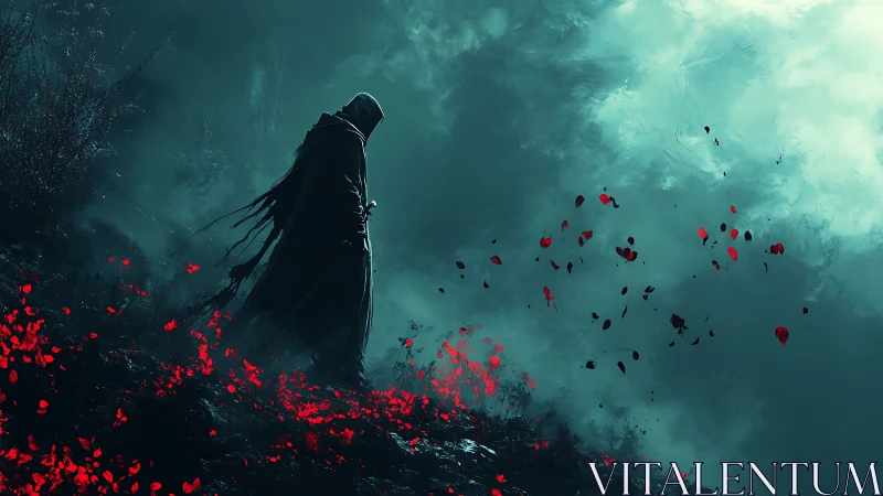 Hooded figure stands on misty slope as red petals scatter