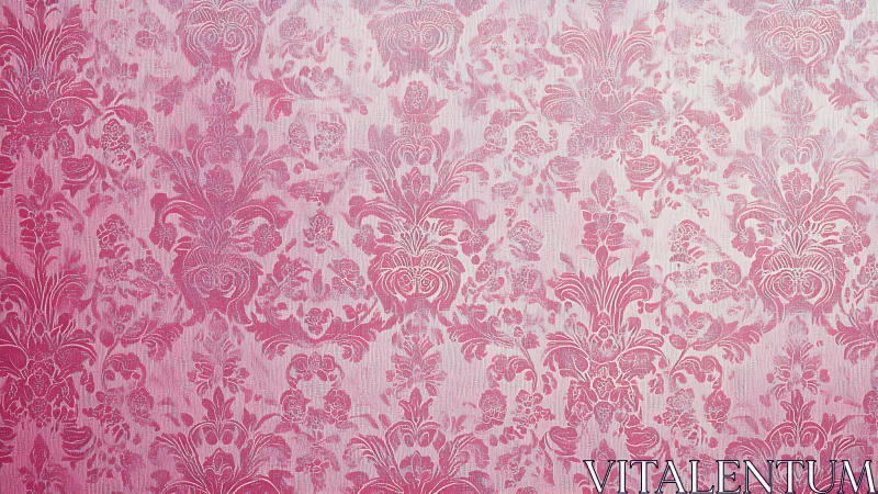 Ornate pink damask wallpaper pattern creates vintage charm.