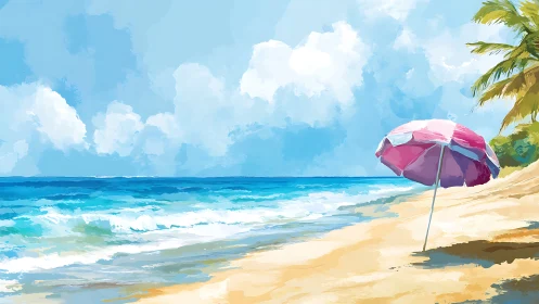 Vibrant digital seascape renders umbrella on sunlit shore