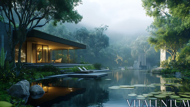 Minimalist Sanctuary Floats Among Emerald Waterways and Mist