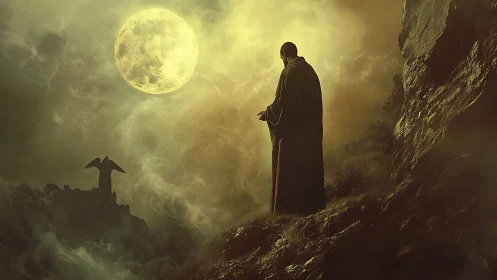 Monk stands on rocky slope under large full moon at night