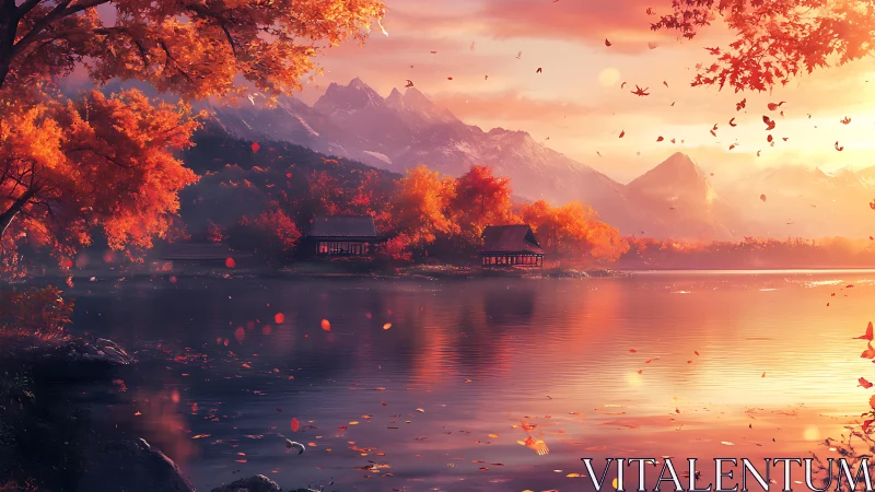 Autumn lakeside chalets under glowing alpine sunset sky.