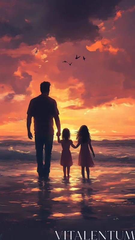 Silhouetted adult and children at shoreline during sunset.