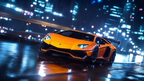 Aerodynamic supercar under neon rain on reflective city asphalt.