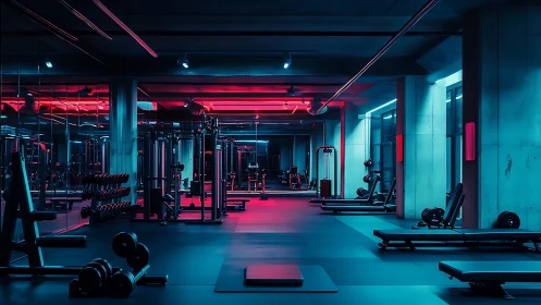 Neon-lit commercial gym interior with strength and cardio zones