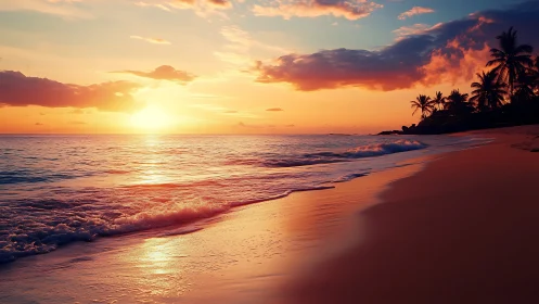 Sunlit tropical shoreline under vivid sunset gradients.