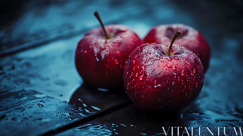 Three wet red apples on dark wooden surface in close-up.