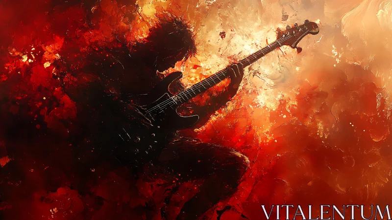Silhouetted guitarist plays electric bass amid fiery abstract