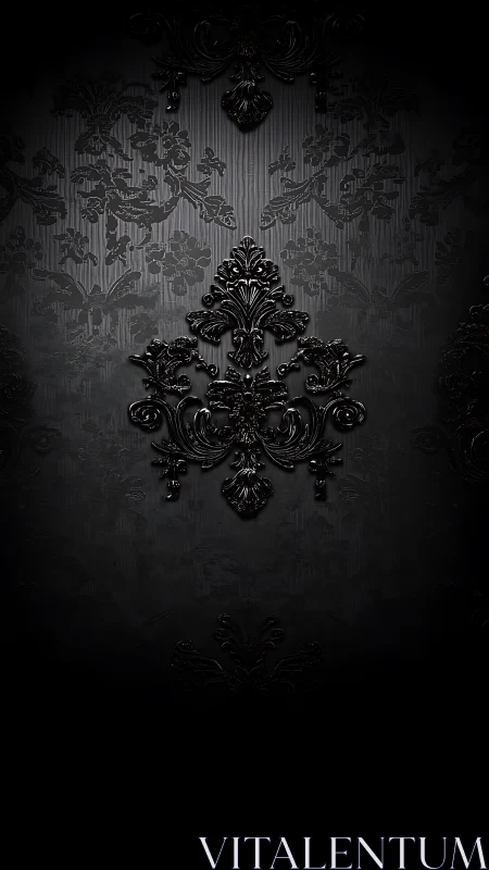 Ornate black damask panel glows in subtle low light.