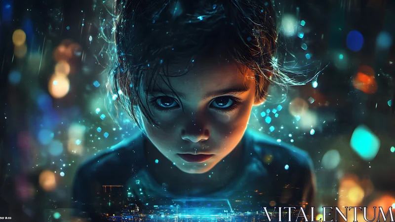 Child face close-up amid neon digital light particles.