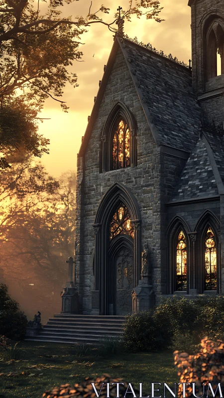 Gothic stone chapel glows with warm stained glass light at dusk.