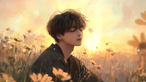 Dreamy youth in golden sunset wildflower meadow portrait.
