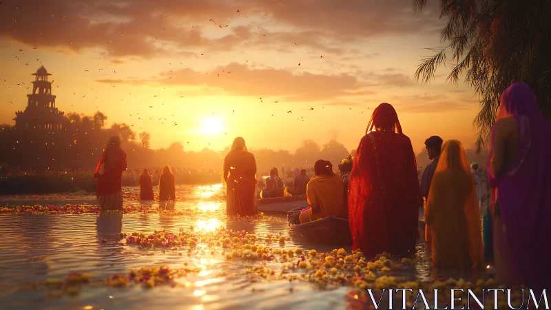 Sunlit river pilgrims trade shadows for blossoms and gold light