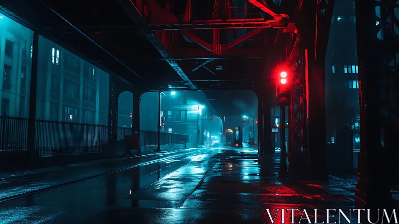 Urban overpass street at night with blue and red lighting.
