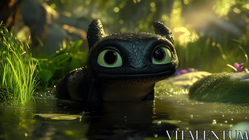 Tiny dragon paddles through sunlit forest puddle, wide-eyed joy