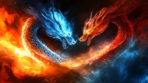 Twin elemental dragons spiral in blazing cosmic confrontation.