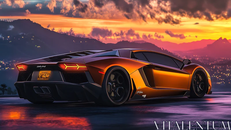 Orange supercar glows against neon city sunset skyline.