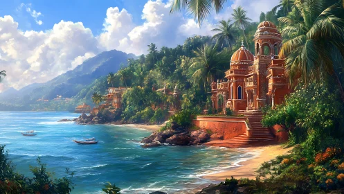 Coastal temple complex in lush tropical bay, digital painting.