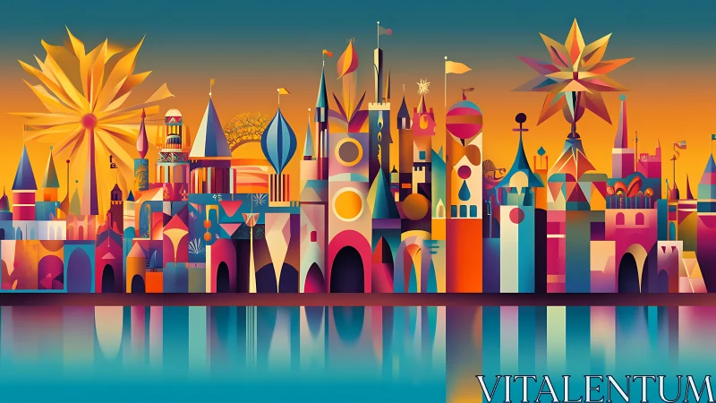 Geometric fantasy skyline with mirrored waterfront reflections.