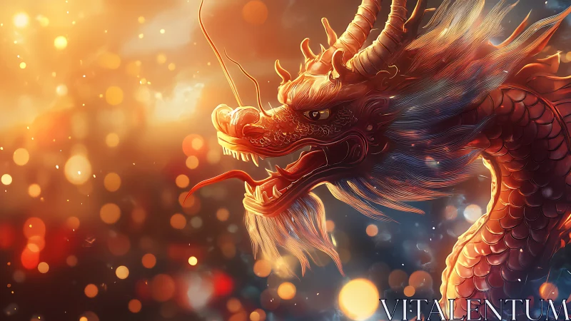Majestic fiery dragon glows against vibrant festival lights