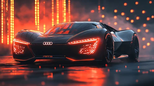 Futuristic Audi concept car in neon orange lighting environment.