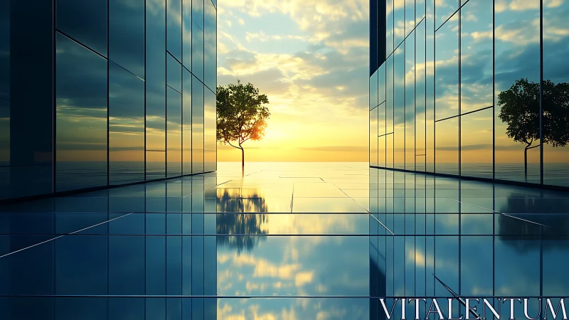 Modern glass corridor with distant trees reflected on polished floor surface.