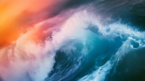 Surging ocean wave glows under vivid sunset gradients