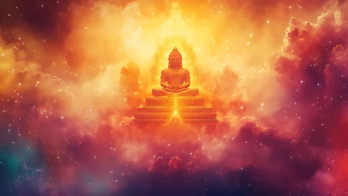 Golden Buddha statue in vivid cosmic nebula clouds.
