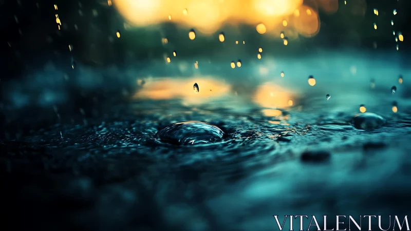 Glowing raindrops rippling across teal water at sunset.