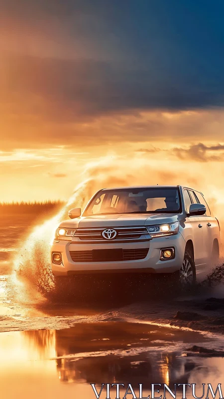 White SUV driving through shallow water at sunset.