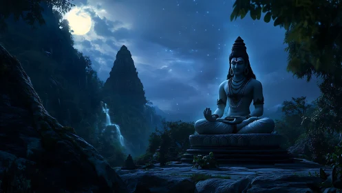 Moonlit Shiva serenade over whispering waterfall valley.