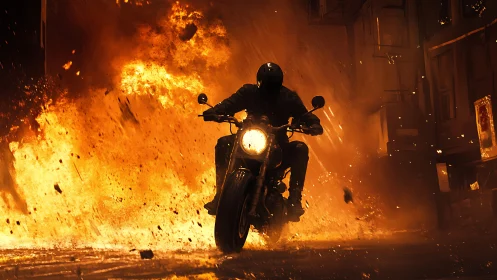 Motorcyclist accelerates through urban fireball with cinematic clarity