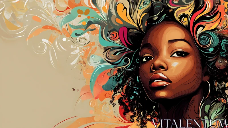 Digital painting portrait with abstract botanical flourishes.