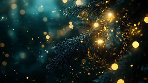 Evergreen branches glow under warm golden holiday lights.