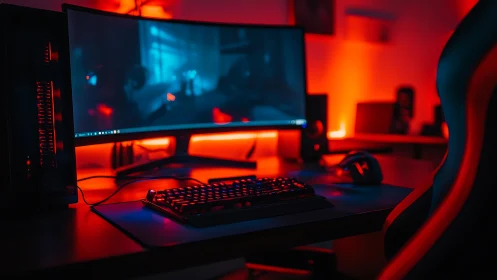 Curved gaming monitor glows in a neon red and blue battlestation