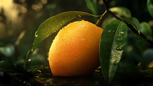 Sunlit mango jewel with dewdrop shimmer in lush foliage.