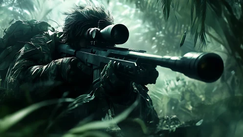 Silent jungle marksman waits in lush green cover for action