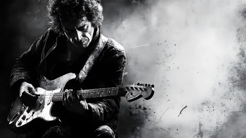 Monochrome electric guitarist positioned against abstract backdrop