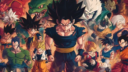 Powerful anime warriors assembled in fiery battle scene.